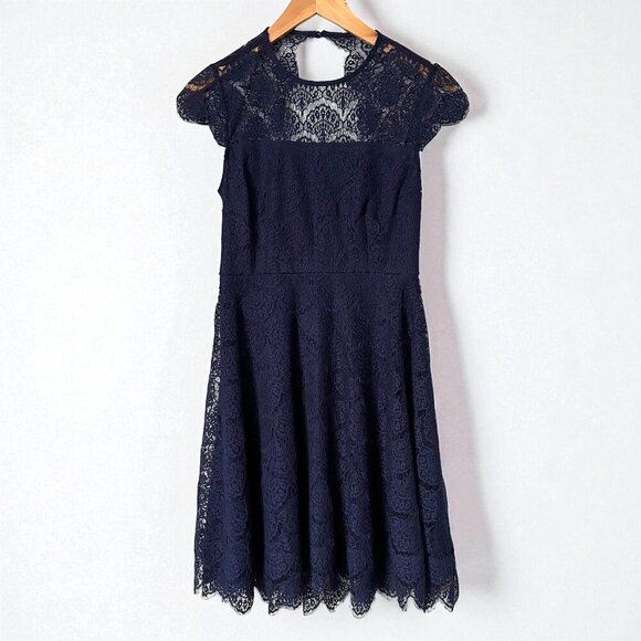 Eliza J Scallop Lace Navy Blue Fit and Flare Dress with Open Back Womens Size 0 - Picture 1 of 10